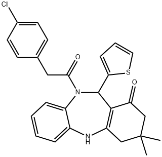 10-[(4-chlorophenyl)acetyl]-3,3-dimethyl-11-(2-thienyl)-2,3,4,5,10,11-hexahydro-1H-dibenzo[b,e][1,4]diazepin-1-one,292064-56-3,结构式