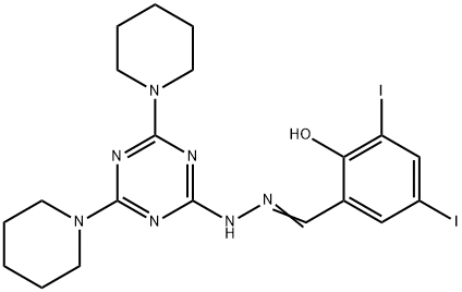 2-hydroxy-3,5-diiodobenzaldehyde [4,6-di(1-piperidinyl)-1,3,5-triazin-2-yl]hydrazone Struktur