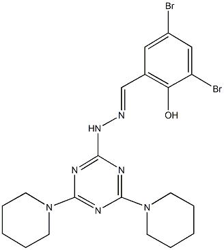 3,5-dibromo-2-hydroxybenzaldehyde [4,6-di(1-piperidinyl)-1,3,5-triazin-2-yl]hydrazone 化学構造式