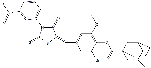 2-bromo-4-[(3-{3-nitrophenyl}-4-oxo-2-thioxo-1,3-thiazolidin-5-ylidene)methyl]-6-methoxyphenyl 1-adamantanecarboxylate Struktur