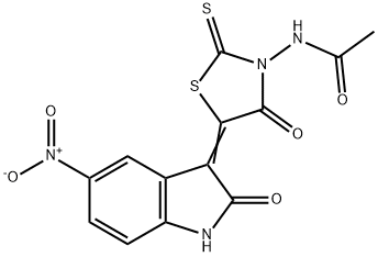 N-(5-{5-nitro-2-oxo-1,2-dihydro-3H-indol-3-ylidene}-4-oxo-2-thioxo-1,3-thiazolidin-3-yl)acetamide Struktur