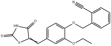 2-({2-ethoxy-4-[(4-oxo-2-thioxo-1,3-thiazolidin-5-ylidene)methyl]phenoxy}methyl)benzonitrile Struktur