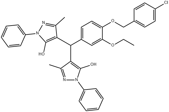 4-[{4-[(4-chlorobenzyl)oxy]-3-ethoxyphenyl}(5-hydroxy-3-methyl-1-phenyl-1H-pyrazol-4-yl)methyl]-3-methyl-1-phenyl-1H-pyrazol-5-ol 化学構造式