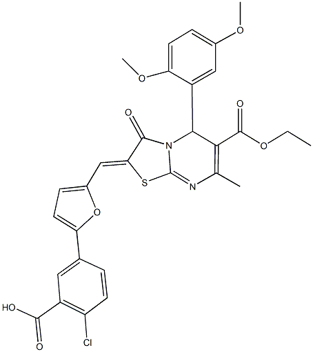 2-chloro-5-{5-[(5-(2,5-dimethoxyphenyl)-6-(ethoxycarbonyl)-7-methyl-3-oxo-5H-[1,3]thiazolo[3,2-a]pyrimidin-2(3H)-ylidene)methyl]-2-furyl}benzoic acid|