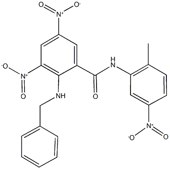 2-(benzylamino)-3,5-bisnitro-N-{5-nitro-2-methylphenyl}benzamide Struktur