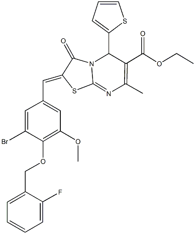 ethyl 2-{3-bromo-4-[(2-fluorobenzyl)oxy]-5-methoxybenzylidene}-7-methyl-3-oxo-5-(2-thienyl)-2,3-dihydro-5H-[1,3]thiazolo[3,2-a]pyrimidine-6-carboxylate,292871-20-6,结构式