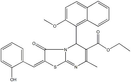 ethyl 2-(2-hydroxybenzylidene)-5-(2-methoxy-1-naphthyl)-7-methyl-3-oxo-2,3-dihydro-5H-[1,3]thiazolo[3,2-a]pyrimidine-6-carboxylate 结构式