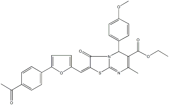 ethyl 2-{[5-(4-acetylphenyl)-2-furyl]methylene}-5-(4-methoxyphenyl)-7-methyl-3-oxo-2,3-dihydro-5H-[1,3]thiazolo[3,2-a]pyrimidine-6-carboxylate 结构式