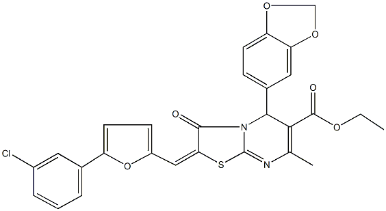 ethyl 5-(1,3-benzodioxol-5-yl)-2-{[5-(3-chlorophenyl)-2-furyl]methylene}-7-methyl-3-oxo-2,3-dihydro-5H-[1,3]thiazolo[3,2-a]pyrimidine-6-carboxylate 化学構造式