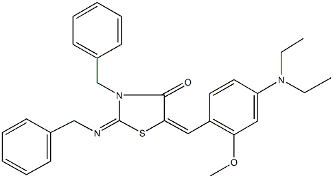 3-benzyl-2-(benzylimino)-5-[4-(diethylamino)-2-methoxybenzylidene]-1,3-thiazolidin-4-one Struktur