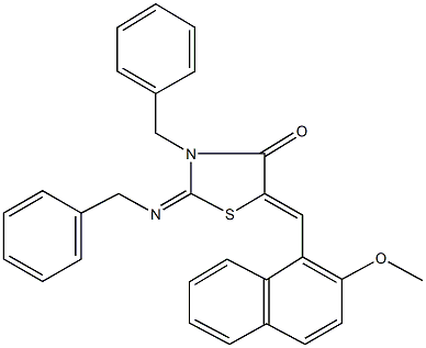 3-benzyl-2-(benzylimino)-5-[(2-methoxy-1-naphthyl)methylene]-1,3-thiazolidin-4-one Struktur
