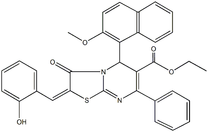 ethyl 2-(2-hydroxybenzylidene)-5-(2-methoxy-1-naphthyl)-3-oxo-7-phenyl-2,3-dihydro-5H-[1,3]thiazolo[3,2-a]pyrimidine-6-carboxylate 化学構造式