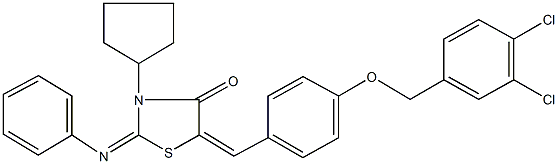 3-cyclopentyl-5-{4-[(3,4-dichlorobenzyl)oxy]benzylidene}-2-(phenylimino)-1,3-thiazolidin-4-one 化学構造式