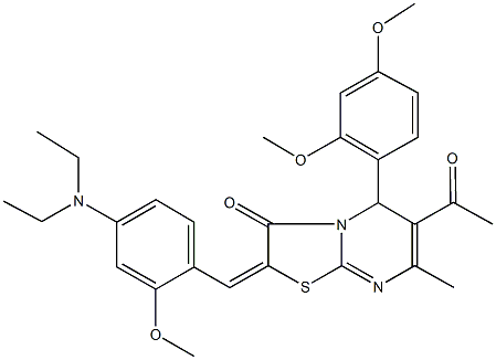 6-acetyl-2-[4-(diethylamino)-2-methoxybenzylidene]-5-(2,4-dimethoxyphenyl)-7-methyl-5H-[1,3]thiazolo[3,2-a]pyrimidin-3(2H)-one Struktur