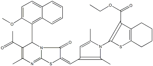 ethyl 2-{3-[(6-acetyl-5-(2-methoxy-1-naphthyl)-7-methyl-3-oxo-5H-[1,3]thiazolo[3,2-a]pyrimidin-2(3H)-ylidene)methyl]-2,5-dimethyl-1H-pyrrol-1-yl}-4,5,6,7-tetrahydro-1-benzothiophene-3-carboxylate 化学構造式