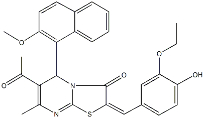 6-acetyl-2-(3-ethoxy-4-hydroxybenzylidene)-5-(2-methoxy-1-naphthyl)-7-methyl-5H-[1,3]thiazolo[3,2-a]pyrimidin-3(2H)-one Struktur