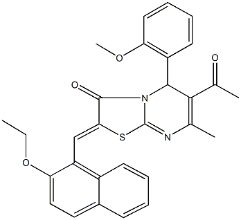6-acetyl-2-[(2-ethoxy-1-naphthyl)methylene]-5-(2-methoxyphenyl)-7-methyl-5H-[1,3]thiazolo[3,2-a]pyrimidin-3(2H)-one Struktur