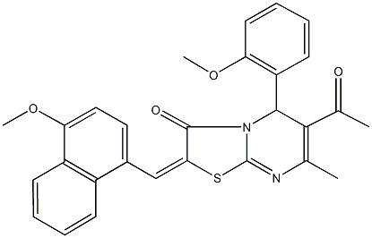 6-acetyl-2-[(4-methoxy-1-naphthyl)methylene]-5-(2-methoxyphenyl)-7-methyl-5H-[1,3]thiazolo[3,2-a]pyrimidin-3(2H)-one Struktur