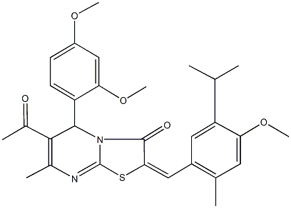 6-acetyl-5-(2,4-dimethoxyphenyl)-2-(5-isopropyl-4-methoxy-2-methylbenzylidene)-7-methyl-5H-[1,3]thiazolo[3,2-a]pyrimidin-3(2H)-one Struktur