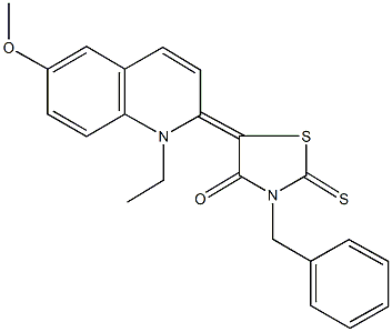 3-benzyl-5-(1-ethyl-6-methoxy-2(1H)-quinolinylidene)-2-thioxo-1,3-thiazolidin-4-one 化学構造式