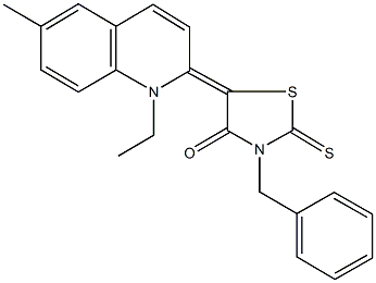 3-benzyl-5-(1-ethyl-6-methyl-2(1H)-quinolinylidene)-2-thioxo-1,3-thiazolidin-4-one 化学構造式