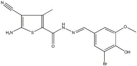 5-amino-N'-(3-bromo-4-hydroxy-5-methoxybenzylidene)-4-cyano-3-methyl-2-thiophenecarbohydrazide Struktur