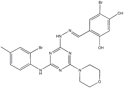 5-bromo-2,4-dihydroxybenzaldehyde {4-[(2-bromo-4-methylphenyl)amino]-6-morpholin-4-yl-1,3,5-triazin-2-yl}hydrazone Structure