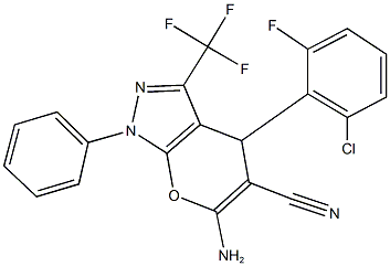 6-amino-4-(2-chloro-6-fluorophenyl)-1-phenyl-3-(trifluoromethyl)-1,4-dihydropyrano[2,3-c]pyrazole-5-carbonitrile 化学構造式