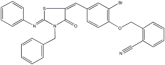 2-[(4-{[3-benzyl-4-oxo-2-(phenylimino)-1,3-thiazolidin-5-ylidene]methyl}-2-bromophenoxy)methyl]benzonitrile Struktur