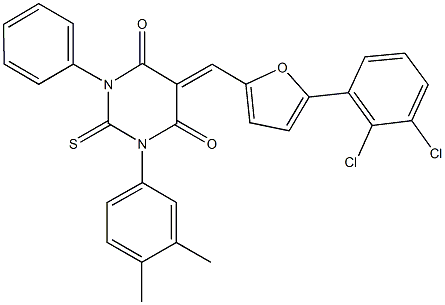 5-{[5-(2,3-dichlorophenyl)-2-furyl]methylene}-1-(3,4-dimethylphenyl)-3-phenyl-2-thioxodihydro-4,6(1H,5H)-pyrimidinedione Struktur