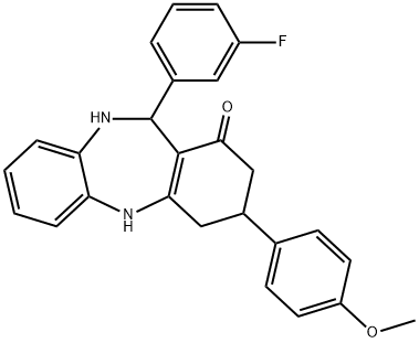 11-(3-fluorophenyl)-3-(4-methoxyphenyl)-2,3,4,5,10,11-hexahydro-1H-dibenzo[b,e][1,4]diazepin-1-one Struktur