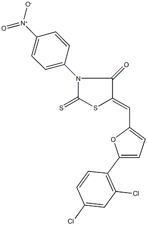 5-{[5-(2,4-dichlorophenyl)-2-furyl]methylene}-3-{4-nitrophenyl}-2-thioxo-1,3-thiazolidin-4-one 化学構造式