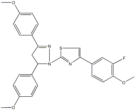 2-[3,5-bis(4-methoxyphenyl)-4,5-dihydro-1H-pyrazol-1-yl]-4-(3-fluoro-4-methoxyphenyl)-1,3-thiazole Struktur