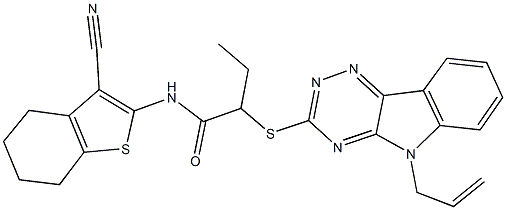 2-[(5-allyl-5H-[1,2,4]triazino[5,6-b]indol-3-yl)sulfanyl]-N-(3-cyano-4,5,6,7-tetrahydro-1-benzothiophen-2-yl)butanamide Struktur