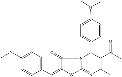 6-acetyl-2-[4-(dimethylamino)benzylidene]-5-[4-(dimethylamino)phenyl]-7-methyl-5H-[1,3]thiazolo[3,2-a]pyrimidin-3(2H)-one Struktur