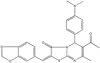 6-acetyl-2-(1,3-benzodioxol-5-ylmethylene)-5-[4-(dimethylamino)phenyl]-7-methyl-5H-[1,3]thiazolo[3,2-a]pyrimidin-3(2H)-one Structure