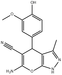 6-amino-4-(4-hydroxy-3-methoxyphenyl)-3-methyl-1,4-dihydropyrano[2,3-c]pyrazole-5-carbonitrile,296793-00-5,结构式