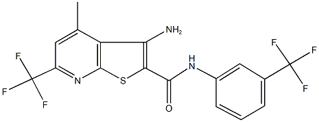 3-amino-4-methyl-6-(trifluoromethyl)-N-[3-(trifluoromethyl)phenyl]thieno[2,3-b]pyridine-2-carboxamide 化学構造式