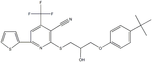 2-{[3-(4-tert-butylphenoxy)-2-hydroxypropyl]sulfanyl}-6-(2-thienyl)-4-(trifluoromethyl)nicotinonitrile Struktur