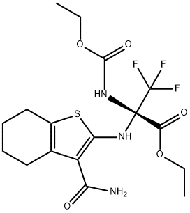 ethyl 2-{[3-(aminocarbonyl)-4,5,6,7-tetrahydro-1-benzothien-2-yl]amino}-2-[(ethoxycarbonyl)amino]-3,3,3-trifluoropropanoate Struktur