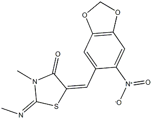 5-({6-nitro-1,3-benzodioxol-5-yl}methylene)-3-methyl-2-(methylimino)-1,3-thiazolidin-4-one,296897-07-9,结构式