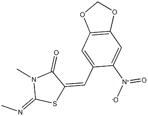 5-({6-nitro-1,3-benzodioxol-5-yl}methylene)-3-methyl-2-(methylimino)-1,3-thiazolidin-4-one 结构式