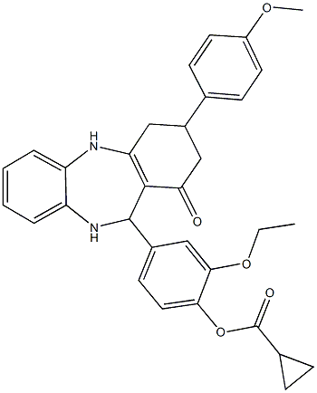 2-ethoxy-4-[3-(4-methoxyphenyl)-1-oxo-2,3,4,5,10,11-hexahydro-1H-dibenzo[b,e][1,4]diazepin-11-yl]phenyl cyclopropanecarboxylate 结构式