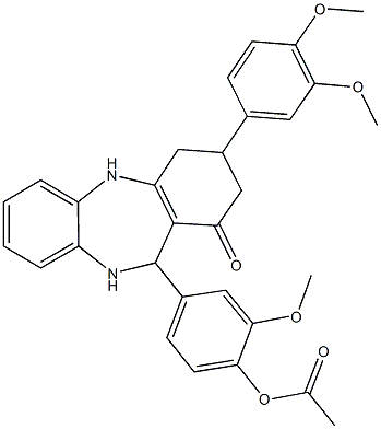 4-[3-(3,4-dimethoxyphenyl)-1-oxo-2,3,4,5,10,11-hexahydro-1H-dibenzo[b,e][1,4]diazepin-11-yl]-2-methoxyphenyl acetate 结构式