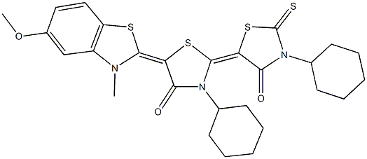 5-(5-methoxy-3-methyl-1,3-benzothiazol-2(3H)-ylidene)-2'-thioxo-2,5'-bis[3-cyclohexyl-4-oxo-1,3-thiazolidin-2-ylidene] 结构式