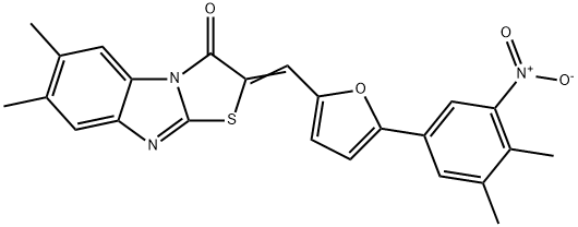 2-[(5-{3-nitro-4,5-dimethylphenyl}-2-furyl)methylene]-6,7-dimethyl[1,3]thiazolo[3,2-a]benzimidazol-3(2H)-one 化学構造式