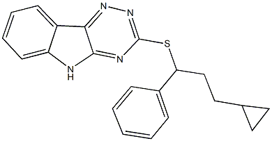 3-[(3-cyclopropyl-1-phenylpropyl)sulfanyl]-5H-[1,2,4]triazino[5,6-b]indole Struktur