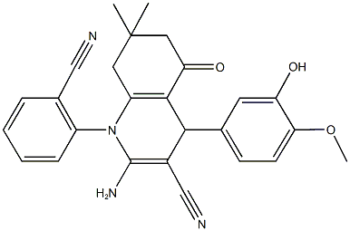 2-amino-1-(2-cyanophenyl)-4-(3-hydroxy-4-methoxyphenyl)-7,7-dimethyl-5-oxo-1,4,5,6,7,8-hexahydro-3-quinolinecarbonitrile 化学構造式