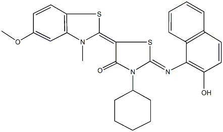 3-cyclohexyl-2-[(2-hydroxy-1-naphthyl)imino]-5-(5-methoxy-3-methyl-1,3-benzothiazol-2(3H)-ylidene)-1,3-thiazolidin-4-one Structure