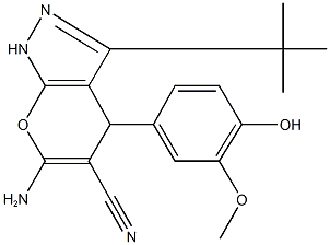 6-amino-3-(tert-butyl)-4-(4-hydroxy-3-methoxyphenyl)-1,4-dihydropyrano[2,3-c]pyrazole-5-carbonitrile 结构式